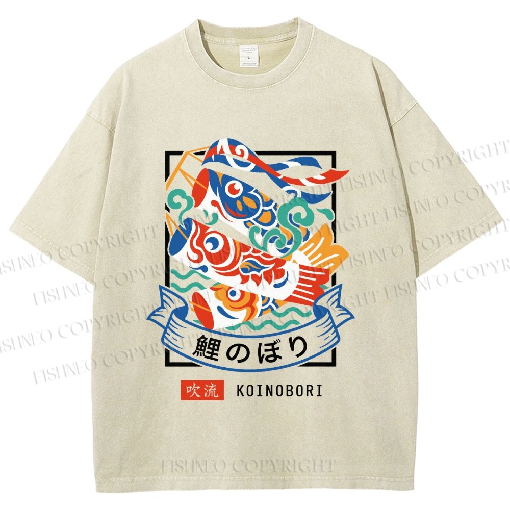 Unisex Rising Koi Banner Printed Washed Tee