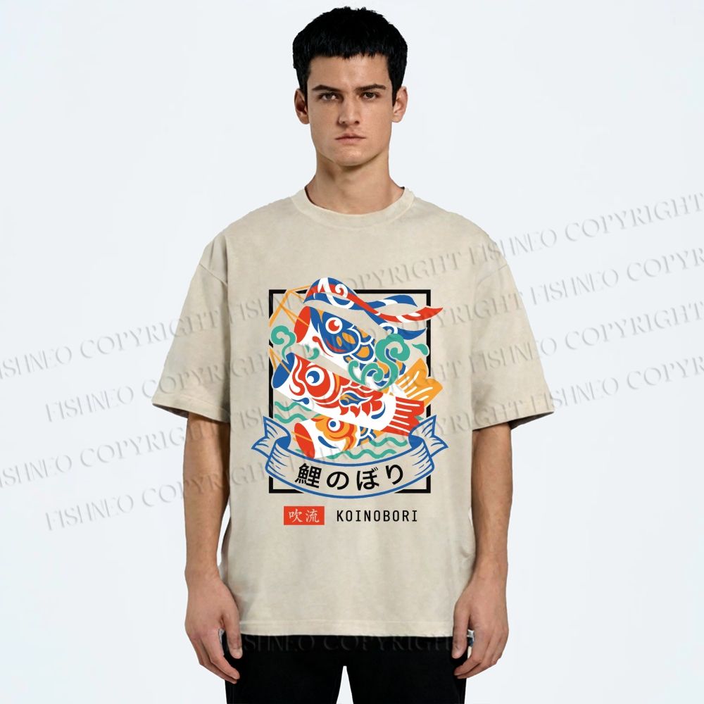Unisex Rising Koi Banner Printed Washed Tee