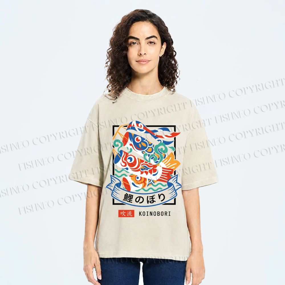 Unisex Rising Koi Banner Printed Washed Tee