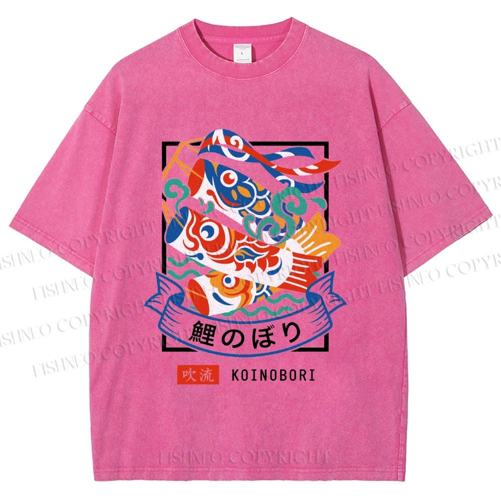 Unisex Rising Koi Banner Printed Washed Tee
