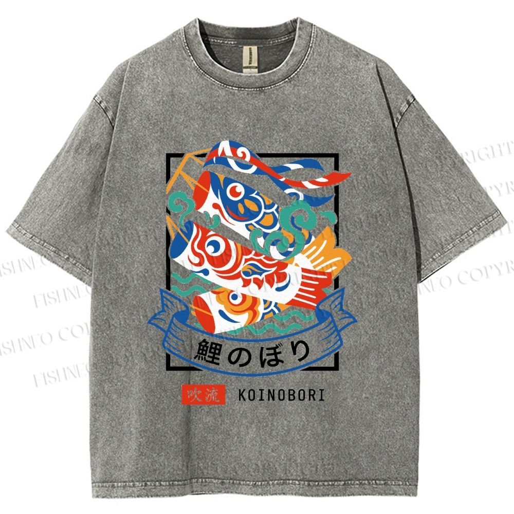 Unisex Rising Koi Banner Printed Washed Tee