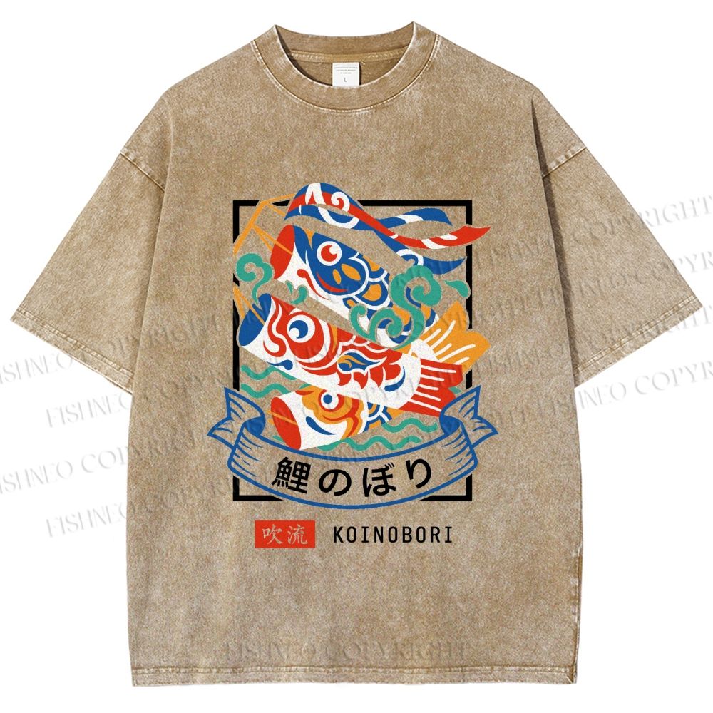 Unisex Rising Koi Banner Printed Washed Tee
