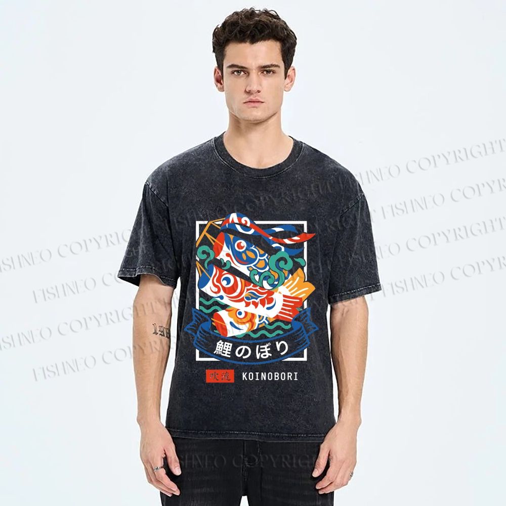 Unisex Rising Koi Banner Printed Washed Tee