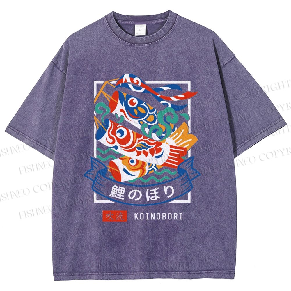 Unisex Rising Koi Banner Printed Washed Tee