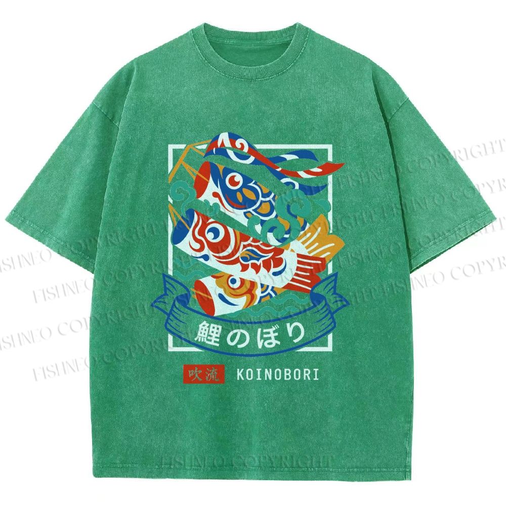 Unisex Rising Koi Banner Printed Washed Tee
