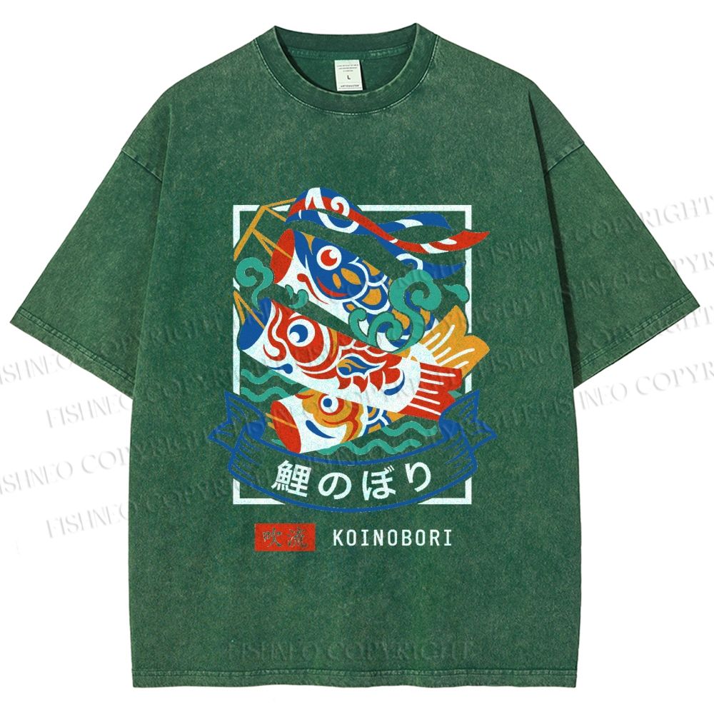 Unisex Rising Koi Banner Printed Washed Tee