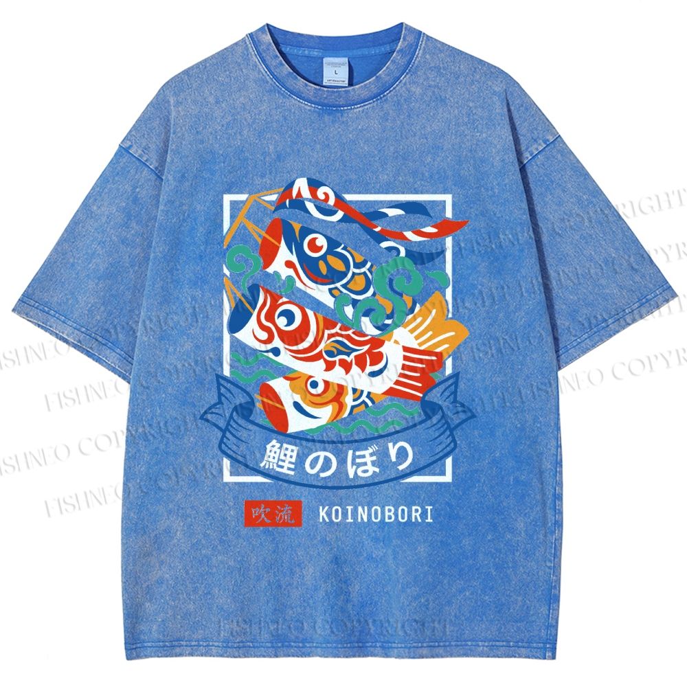 Unisex Rising Koi Banner Printed Washed Tee