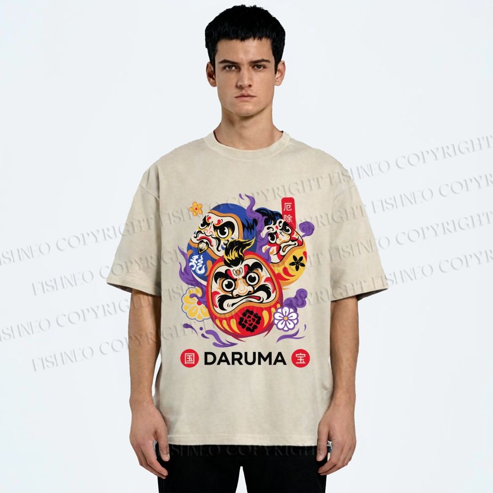 Unisex Evil Warding Daruma Printed Washed Tee