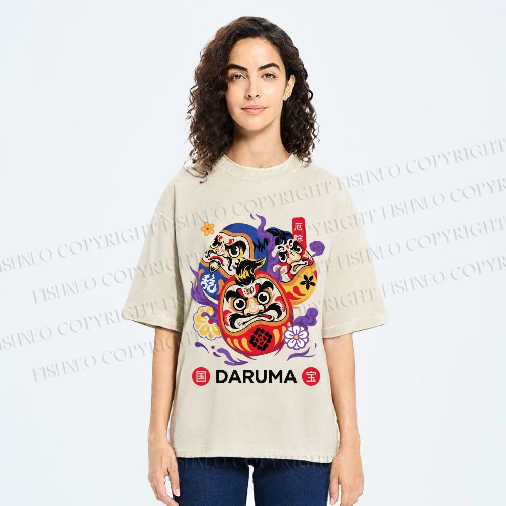 Unisex Evil Warding Daruma Printed Washed Tee