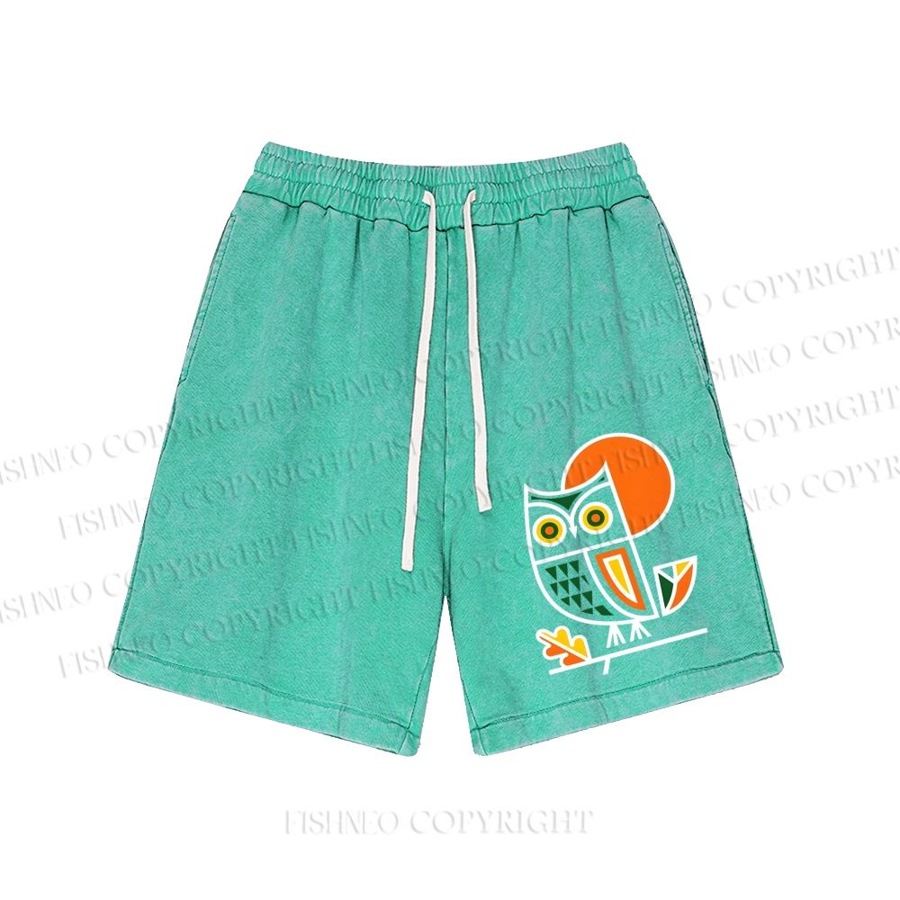 Unisex Geometric Owl Washed Shorts
