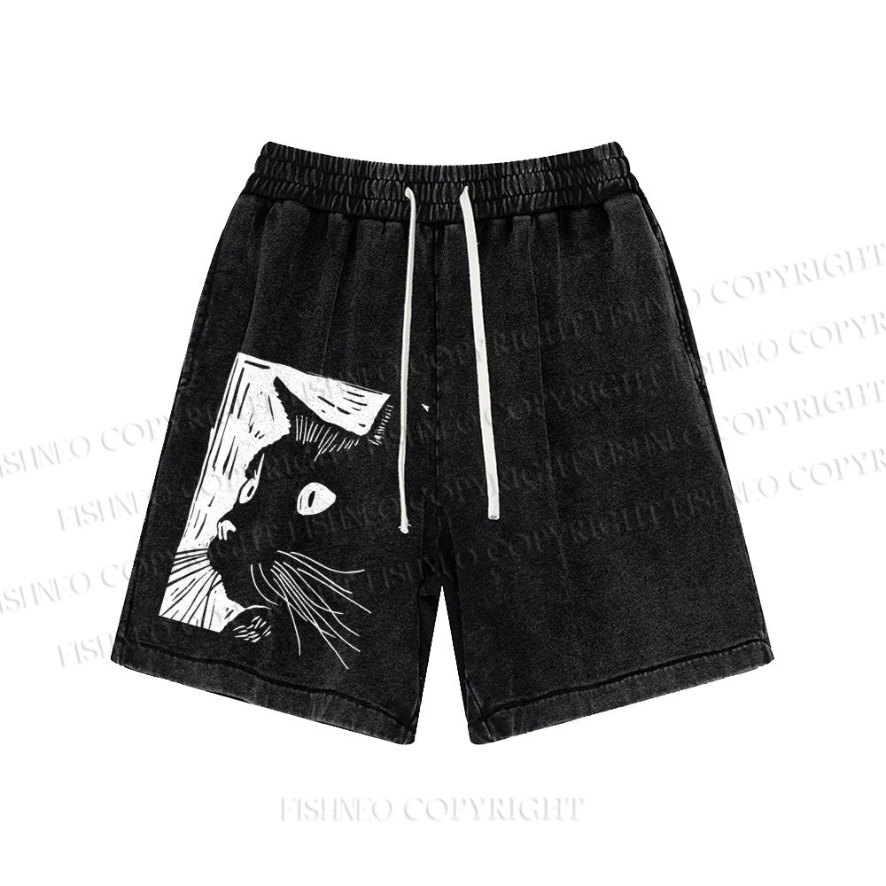 Unisex Vintage Cat Graffiti Washed Shorts