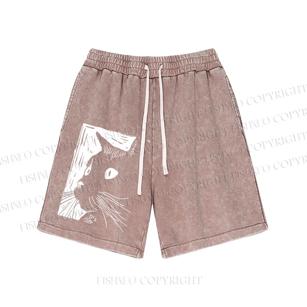 Unisex Vintage Cat Graffiti Washed Shorts