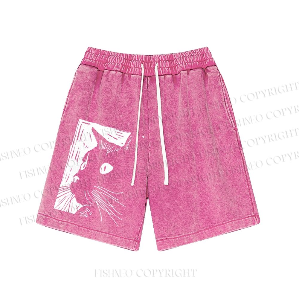 Unisex Vintage Cat Graffiti Washed Shorts