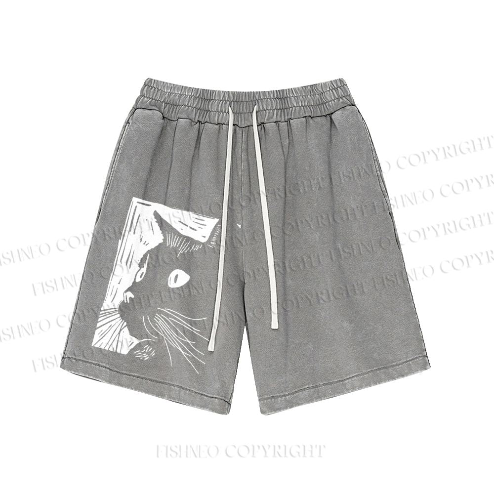 Unisex Vintage Cat Graffiti Washed Shorts