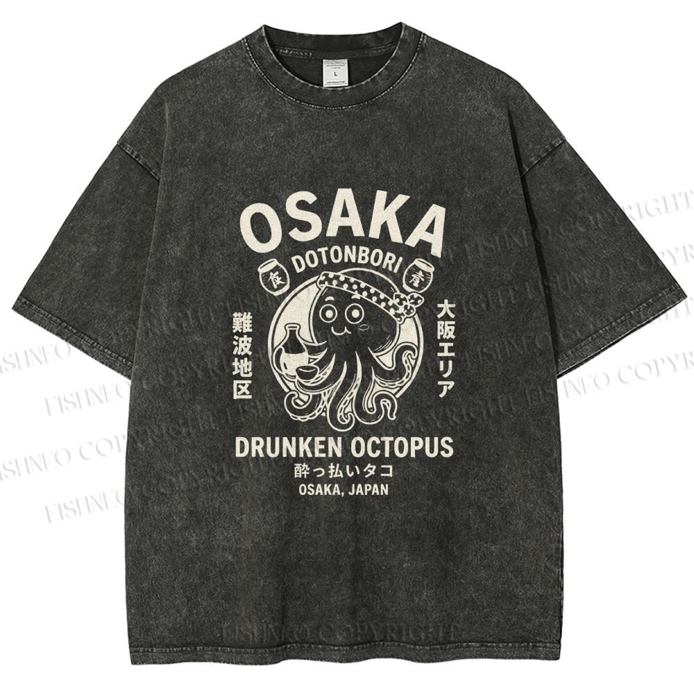 Unisex Osaka Drunken Octopus Printed Washed Tee