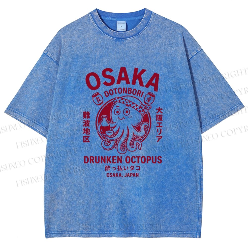 Unisex Osaka Drunken Octopus Printed Washed Tee