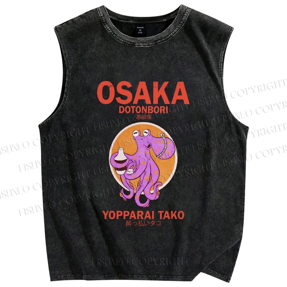 Unisex Osaka Drunken Octopus Printed Washed Tank Top