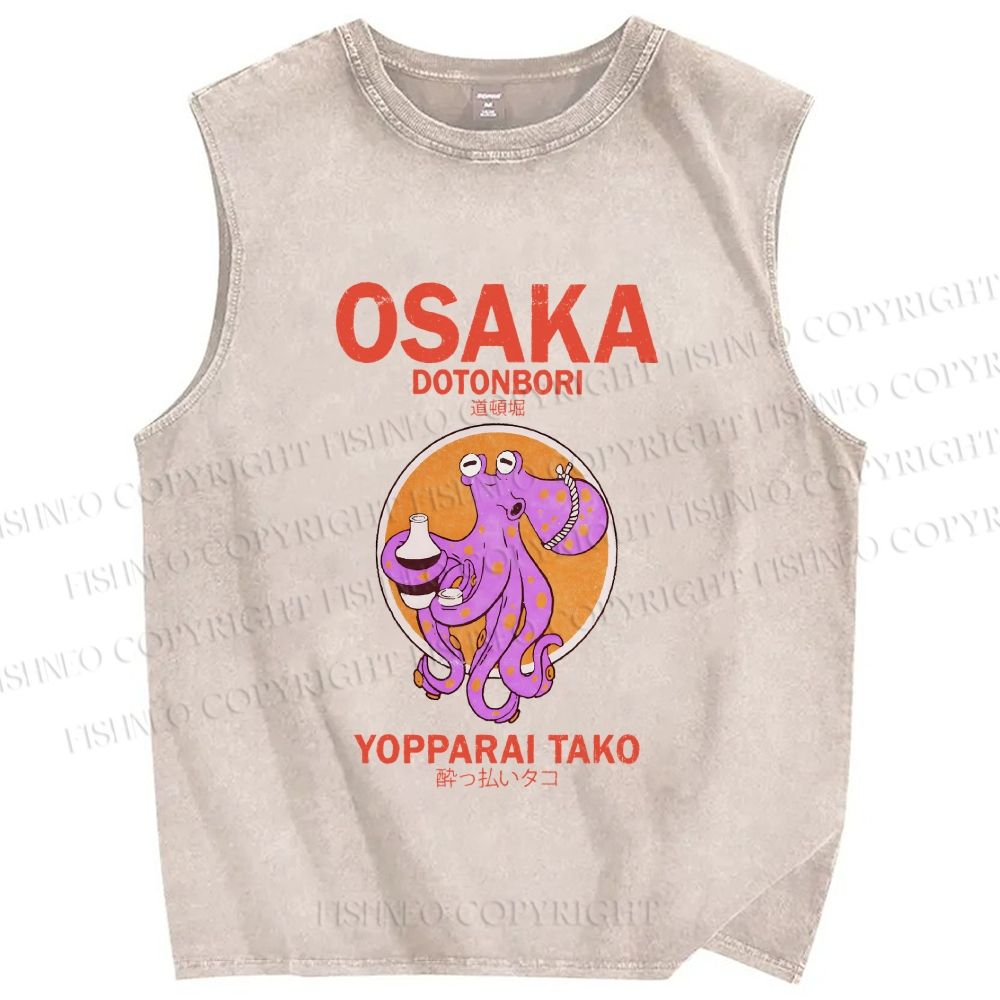 Unisex Osaka Drunken Octopus Printed Washed Tank Top