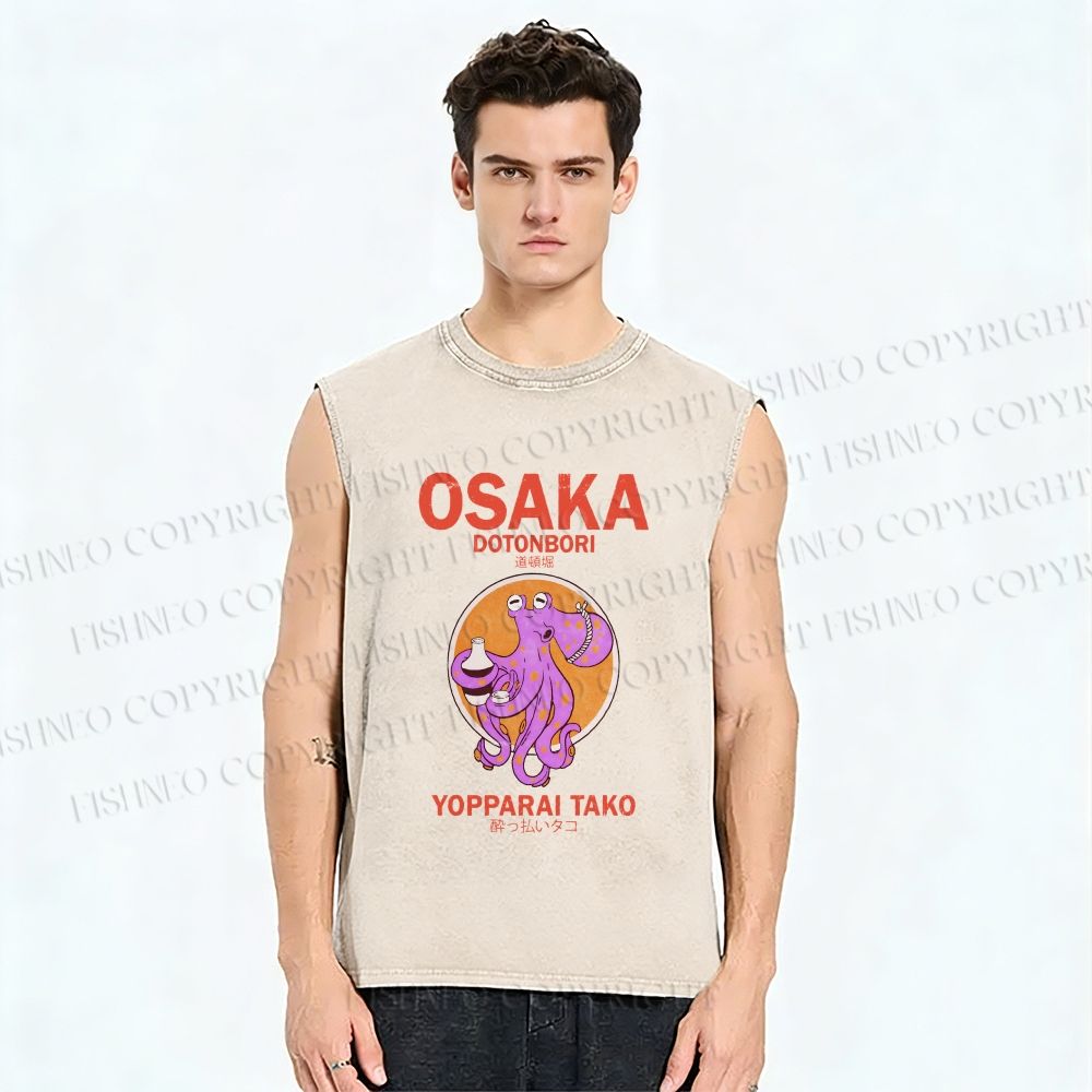 Unisex Osaka Drunken Octopus Printed Washed Tank Top