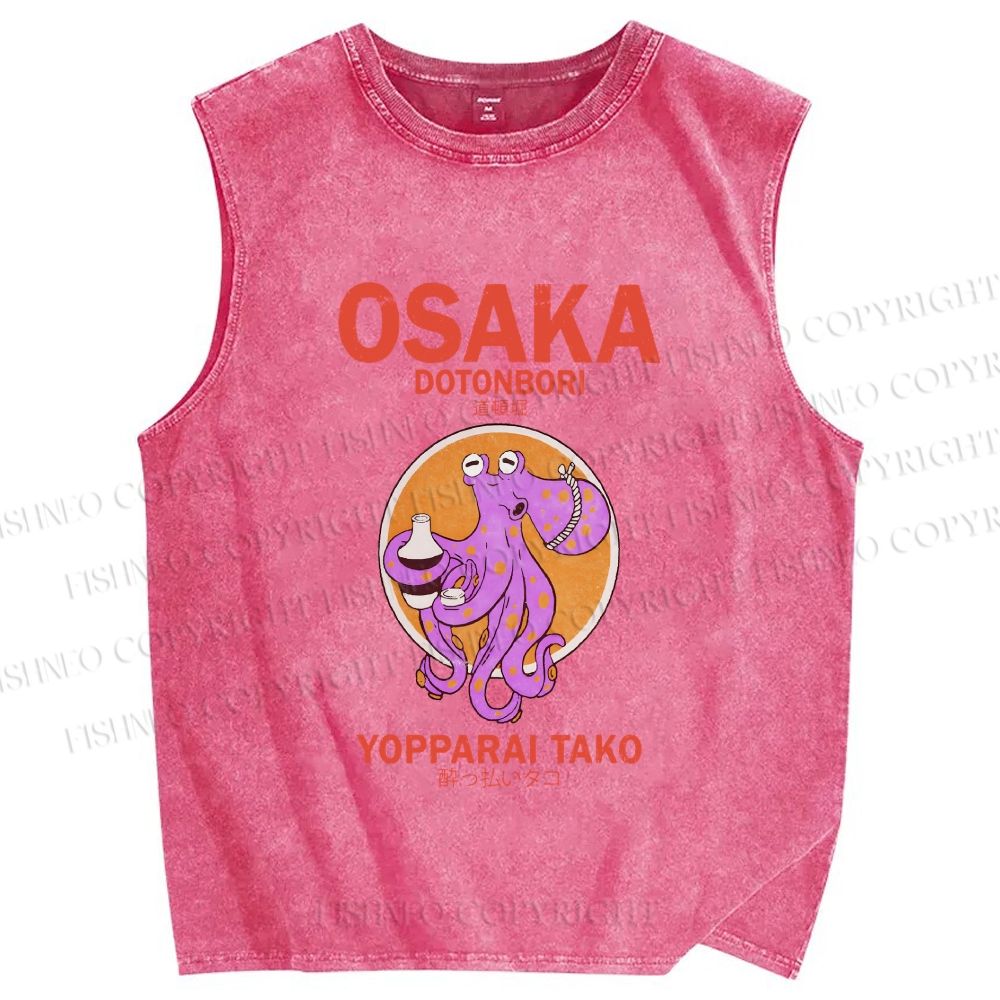 Unisex Osaka Drunken Octopus Printed Washed Tank Top