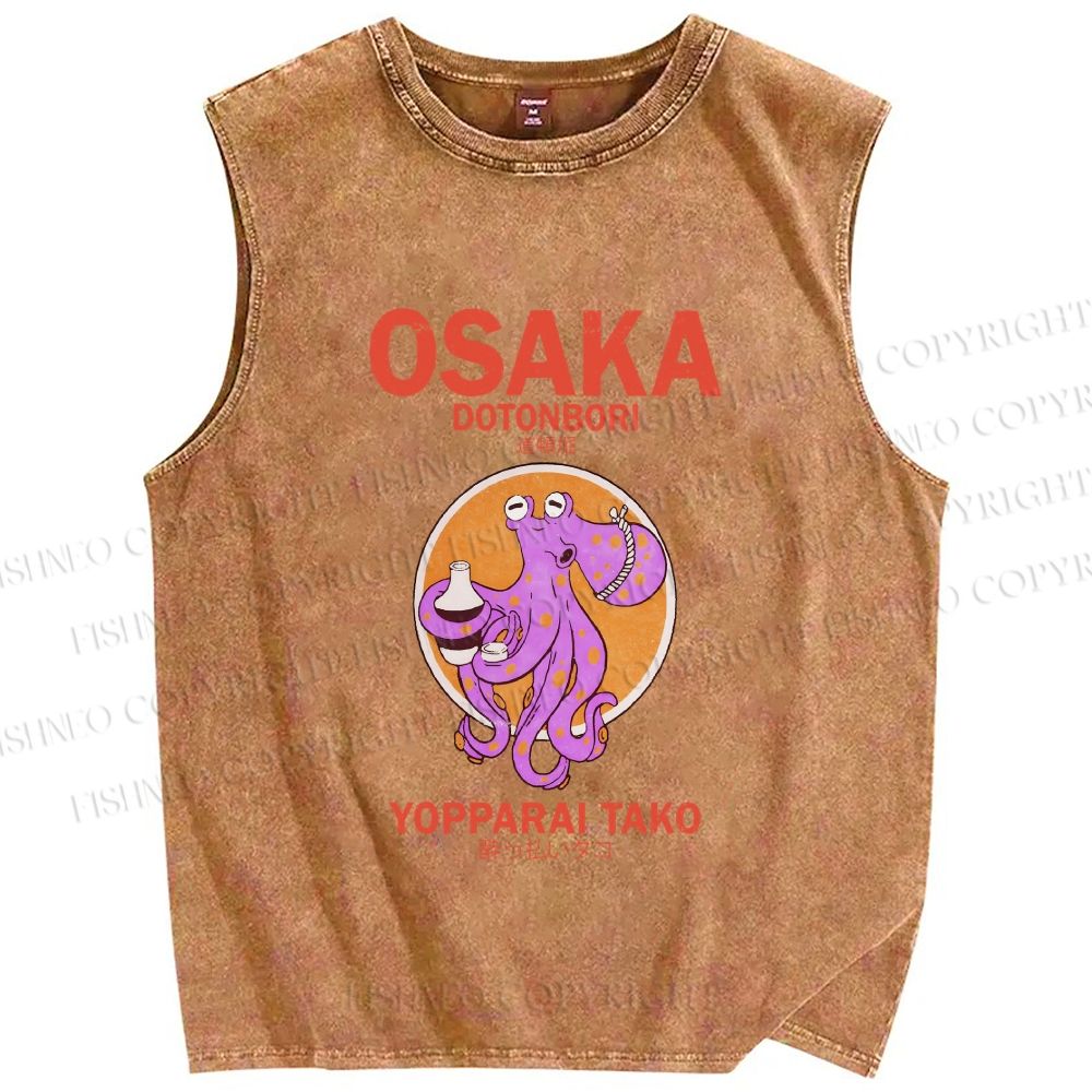 Unisex Osaka Drunken Octopus Printed Washed Tank Top