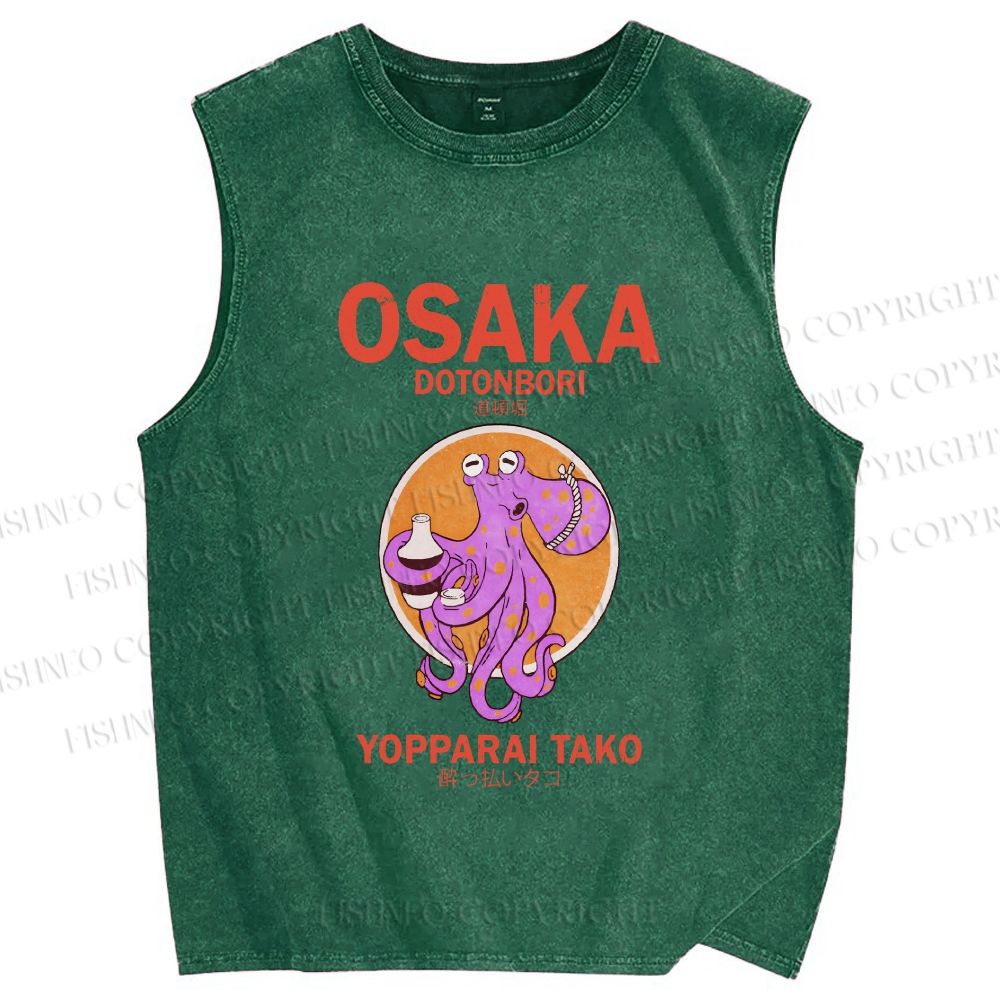 Unisex Osaka Drunken Octopus Printed Washed Tank Top
