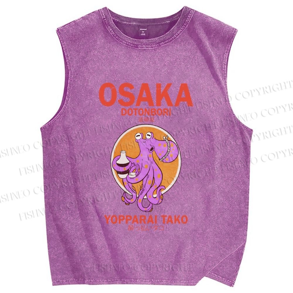 Unisex Osaka Drunken Octopus Printed Washed Tank Top