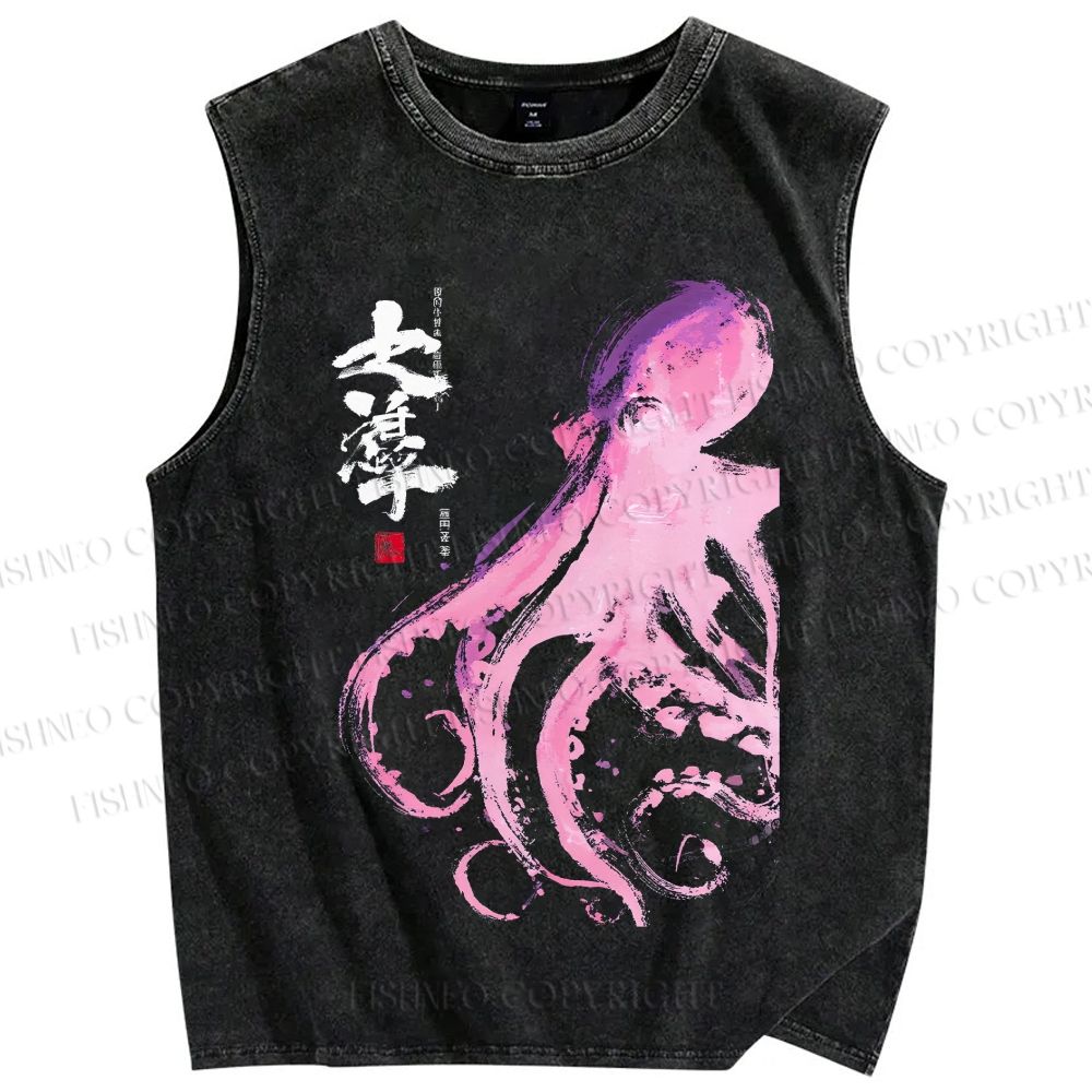 Unisex Octopus Printed Washed Tank Top