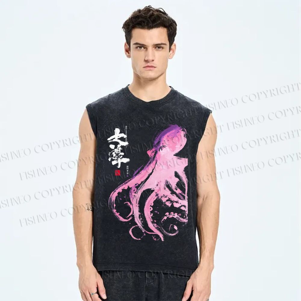 Unisex Octopus Printed Washed Tank Top