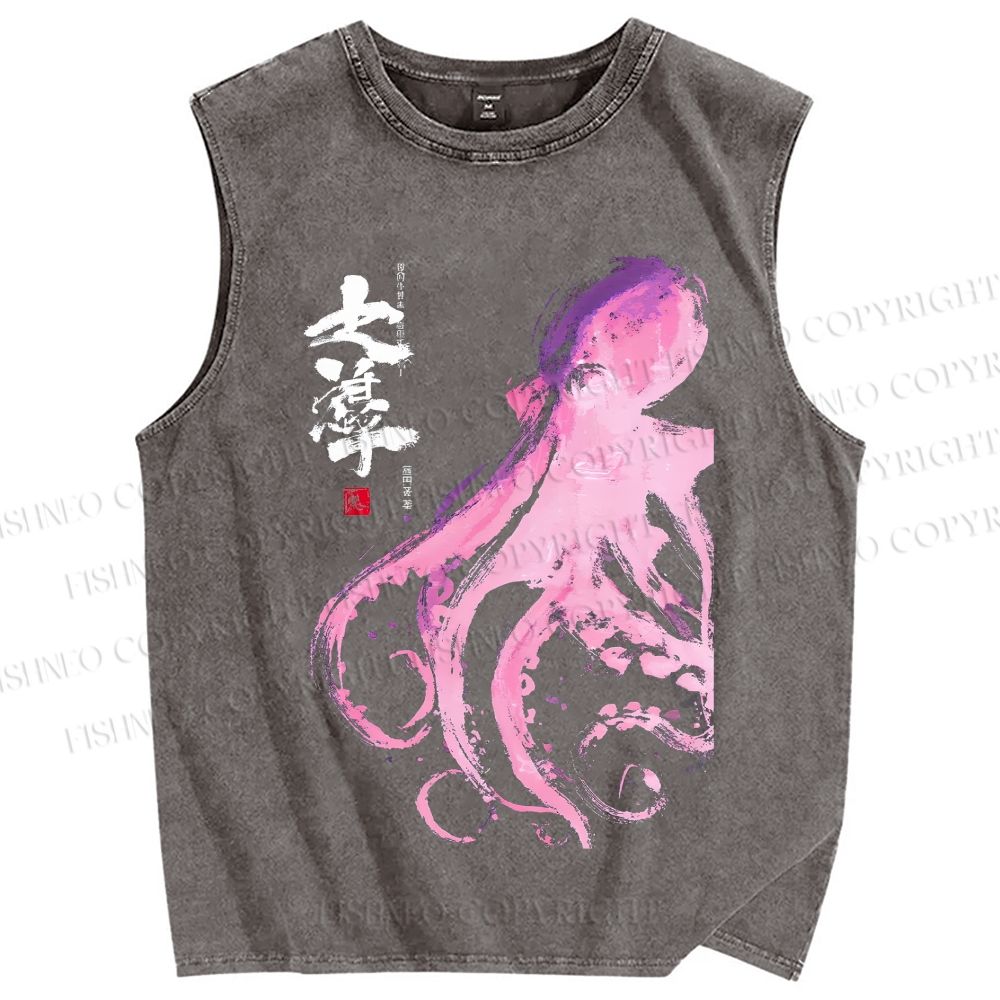 Unisex Octopus Printed Washed Tank Top