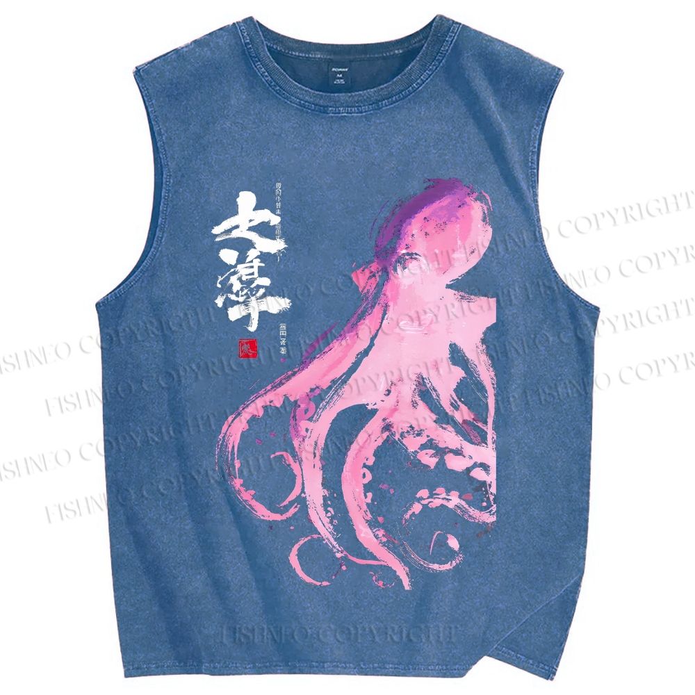 Unisex Octopus Printed Washed Tank Top