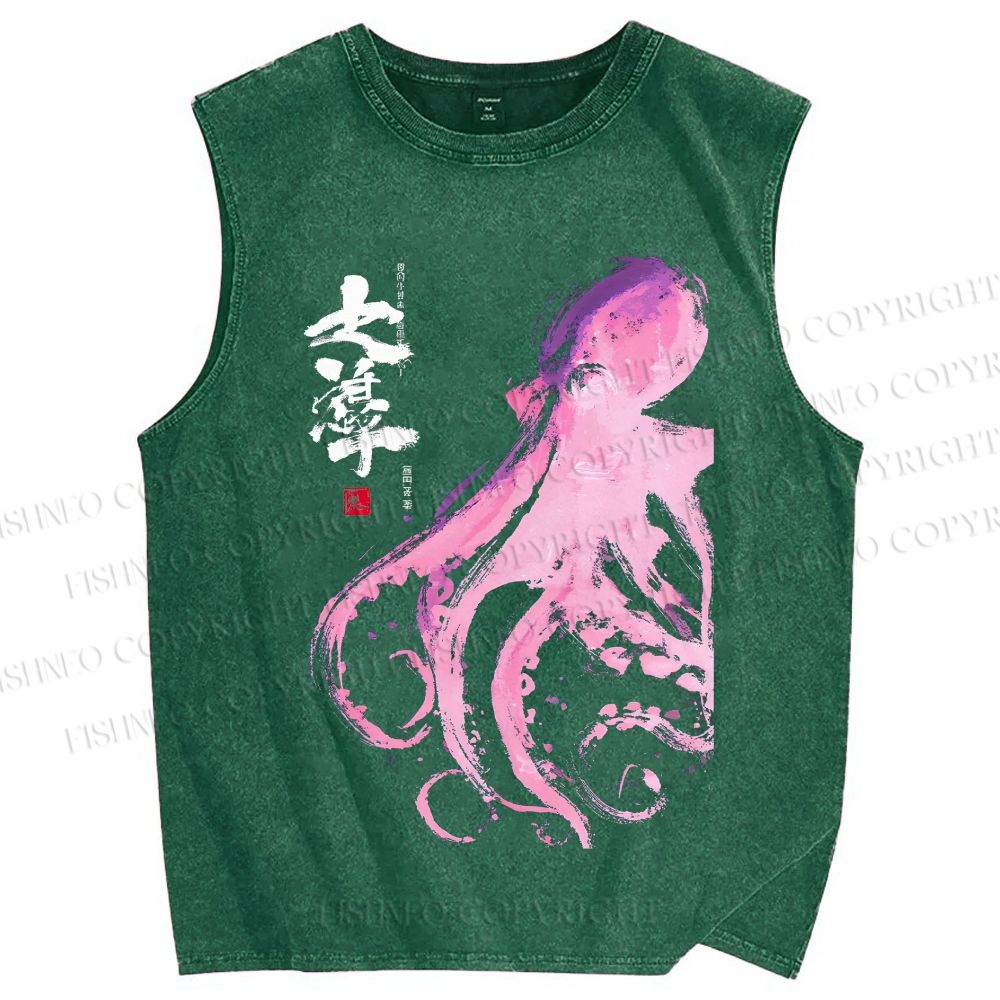 Unisex Octopus Printed Washed Tank Top