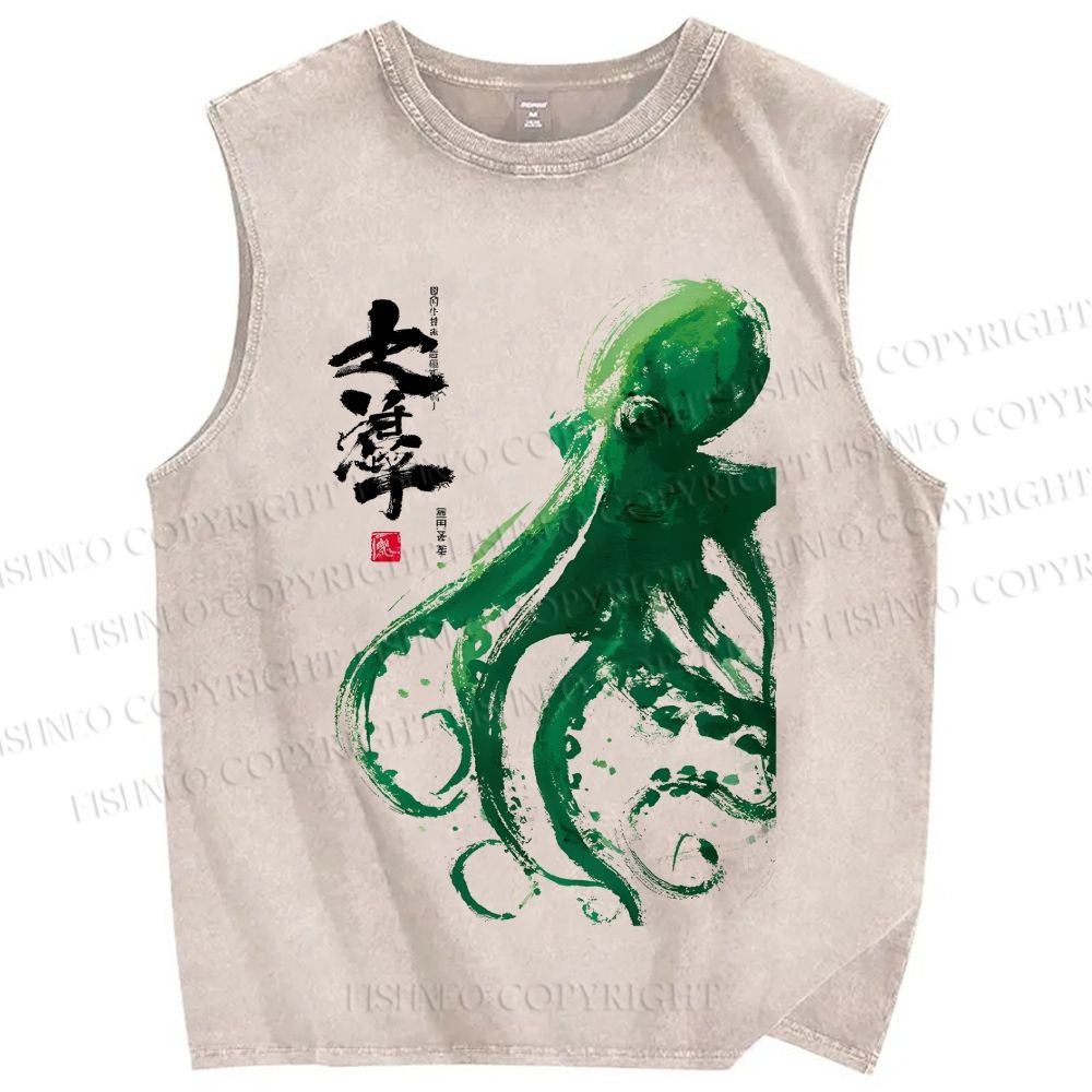 Unisex Octopus Printed Washed Tank Top