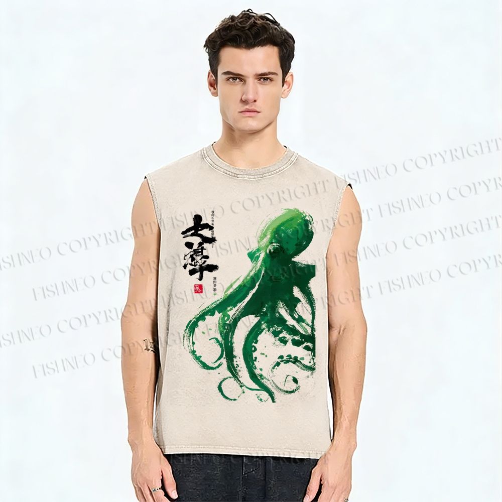 Unisex Octopus Printed Washed Tank Top