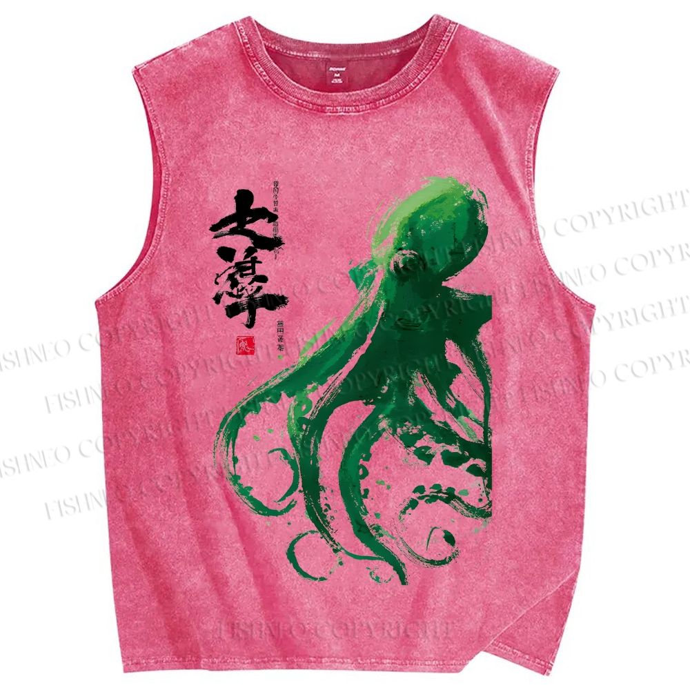 Unisex Octopus Printed Washed Tank Top