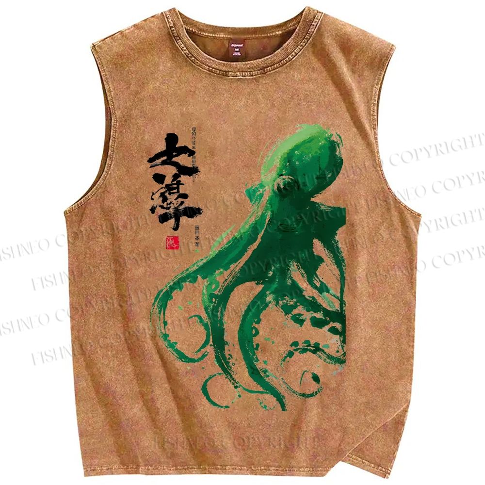 Unisex Octopus Printed Washed Tank Top