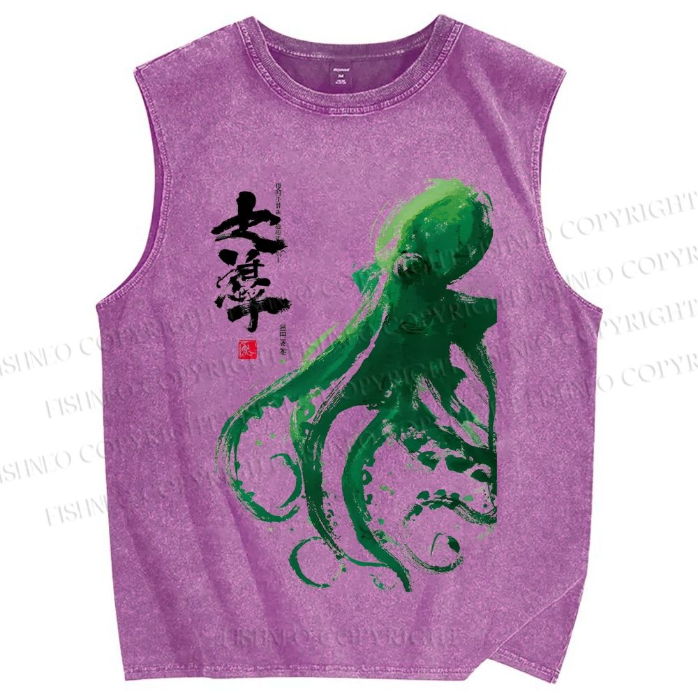 Unisex Octopus Printed Washed Tank Top