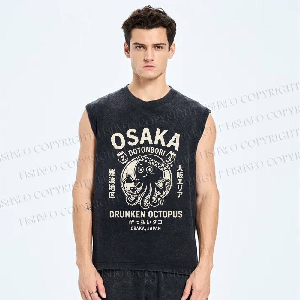 Unisex Osaka Drunken Octopus Printed Washed Tank Top