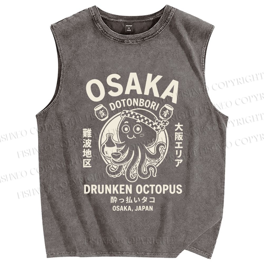 Unisex Osaka Drunken Octopus Printed Washed Tank Top