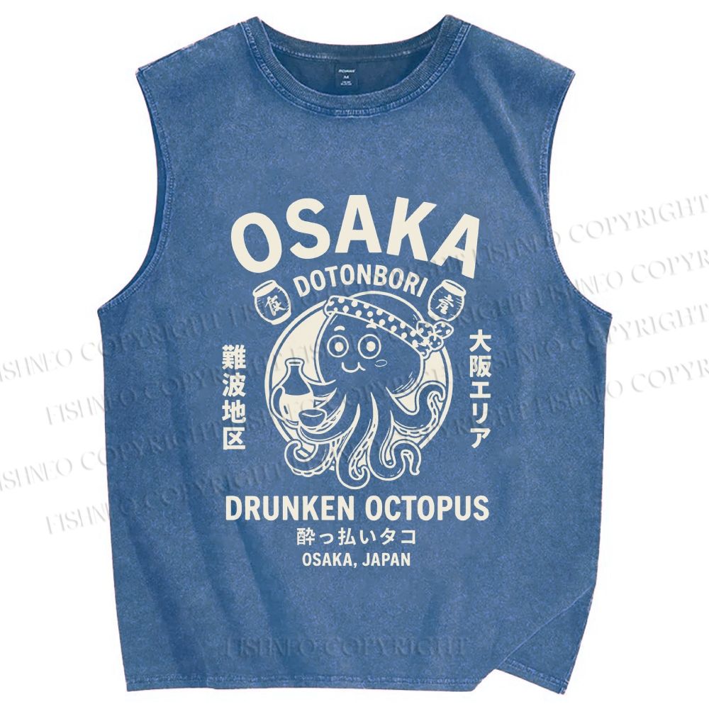 Unisex Osaka Drunken Octopus Printed Washed Tank Top