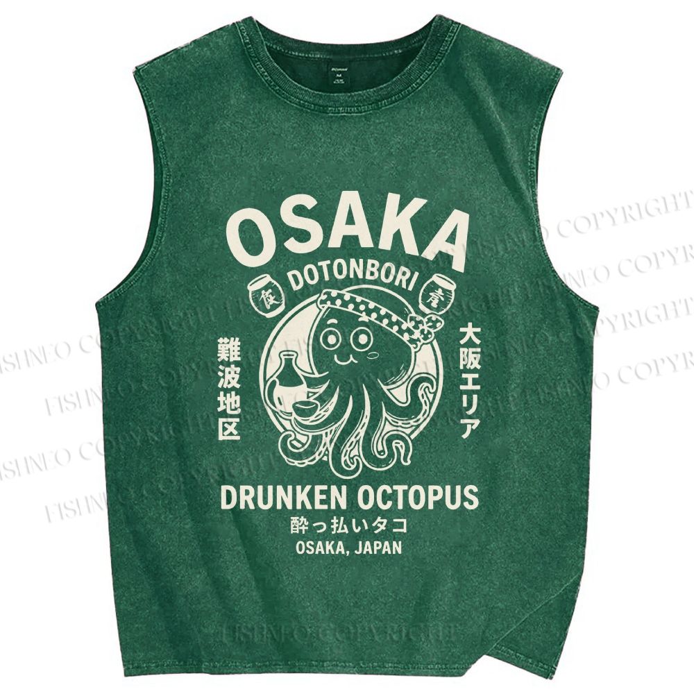 Unisex Osaka Drunken Octopus Printed Washed Tank Top