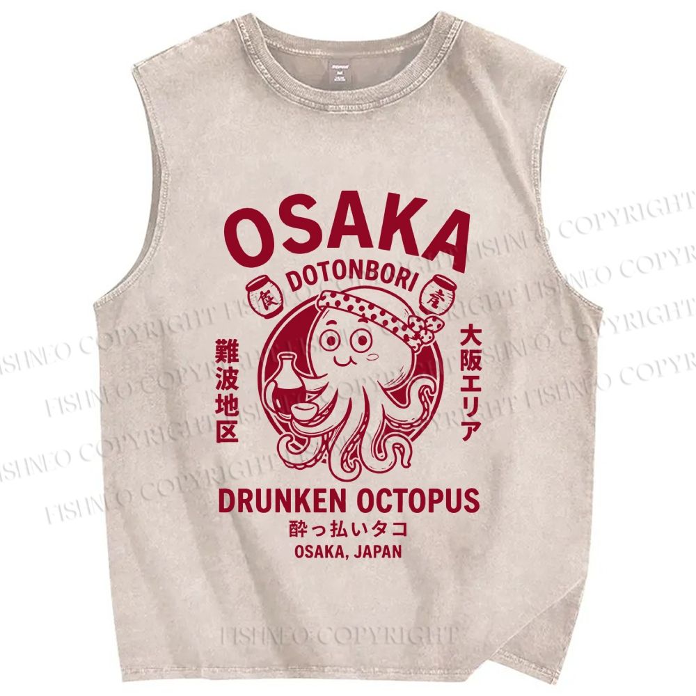 Unisex Osaka Drunken Octopus Printed Washed Tank Top