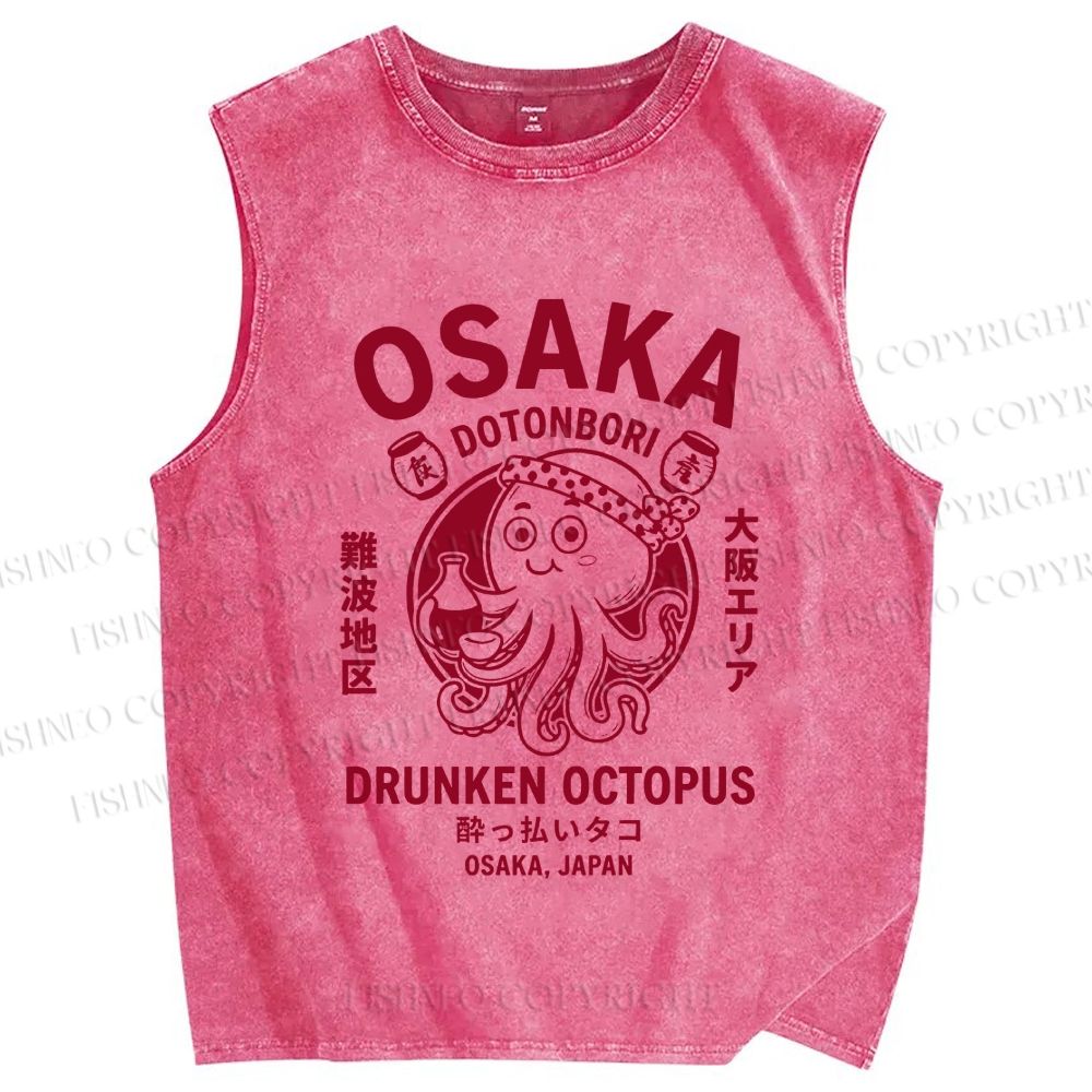Unisex Osaka Drunken Octopus Printed Washed Tank Top