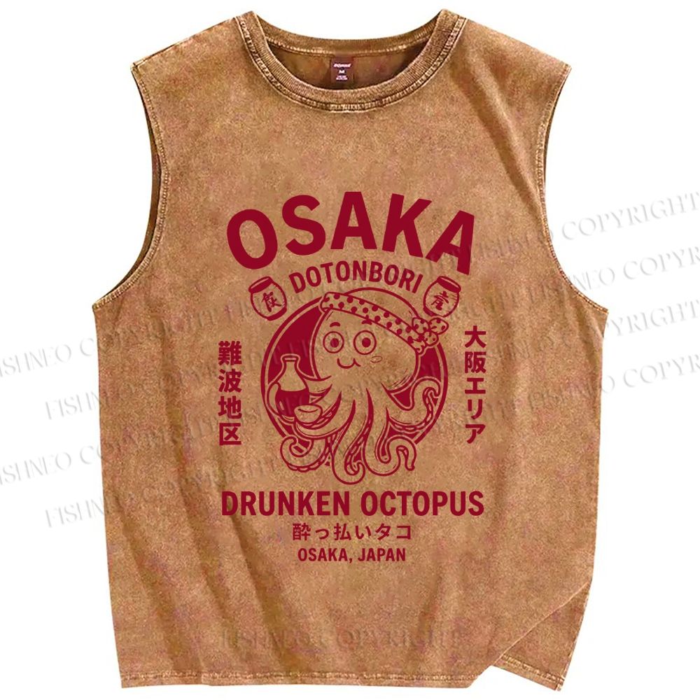 Unisex Osaka Drunken Octopus Printed Washed Tank Top