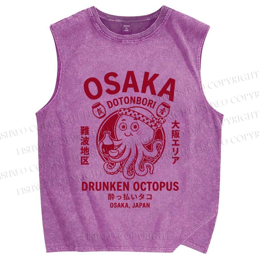 Unisex Osaka Drunken Octopus Printed Washed Tank Top