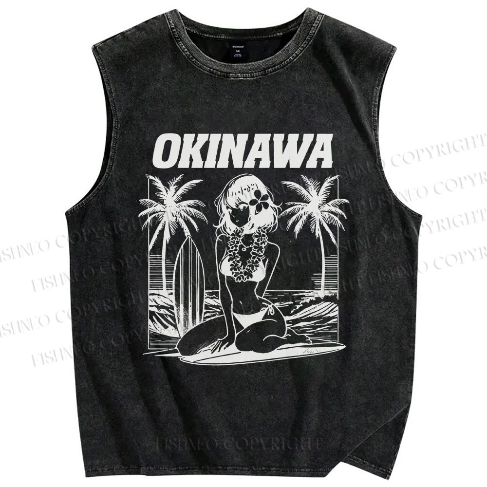 Unisex Okinawa Surf Printed Washed Tank Top