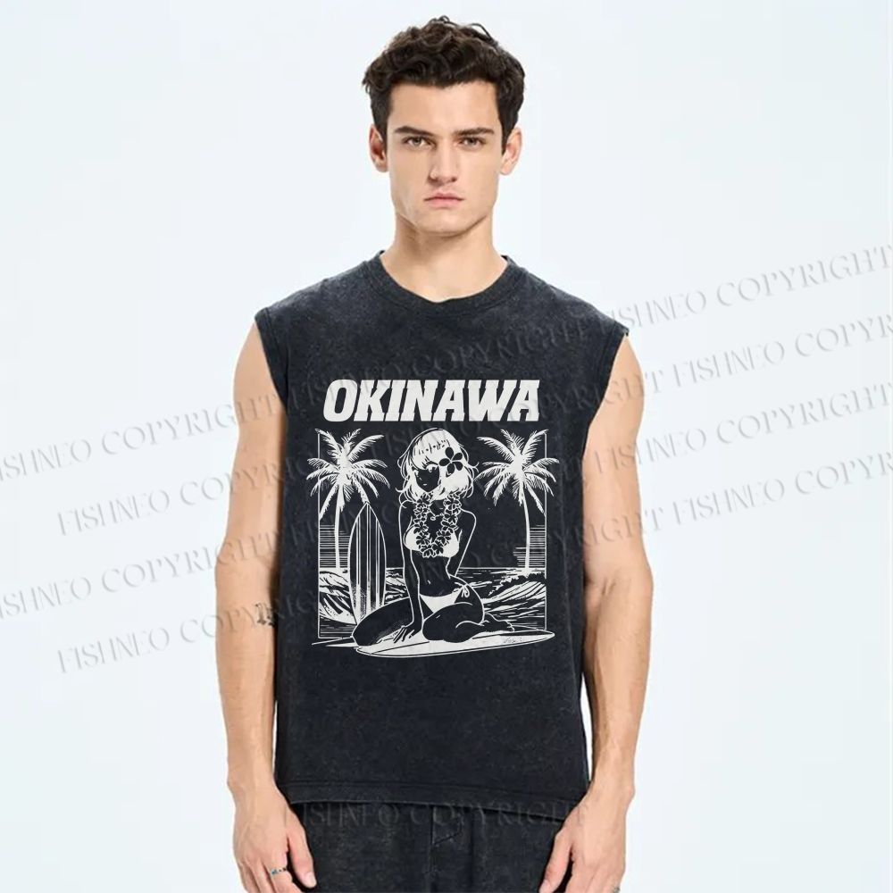 Unisex Okinawa Surf Printed Washed Tank Top