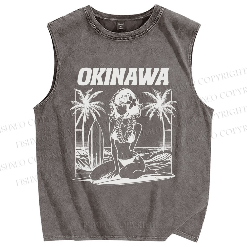 Unisex Okinawa Surf Printed Washed Tank Top