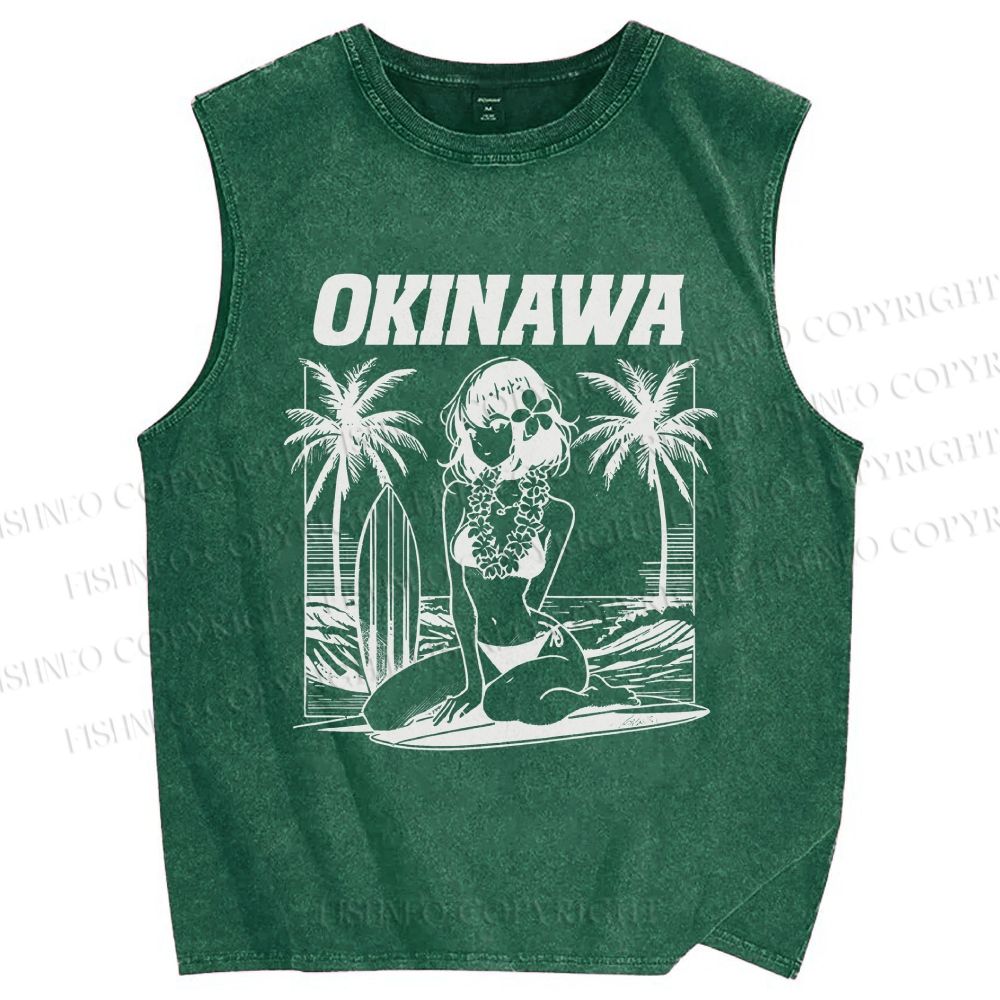 Unisex Okinawa Surf Printed Washed Tank Top