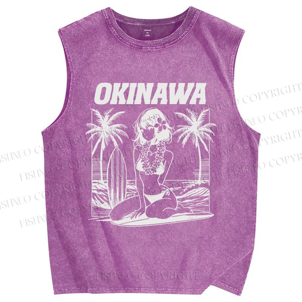 Unisex Okinawa Surf Printed Washed Tank Top